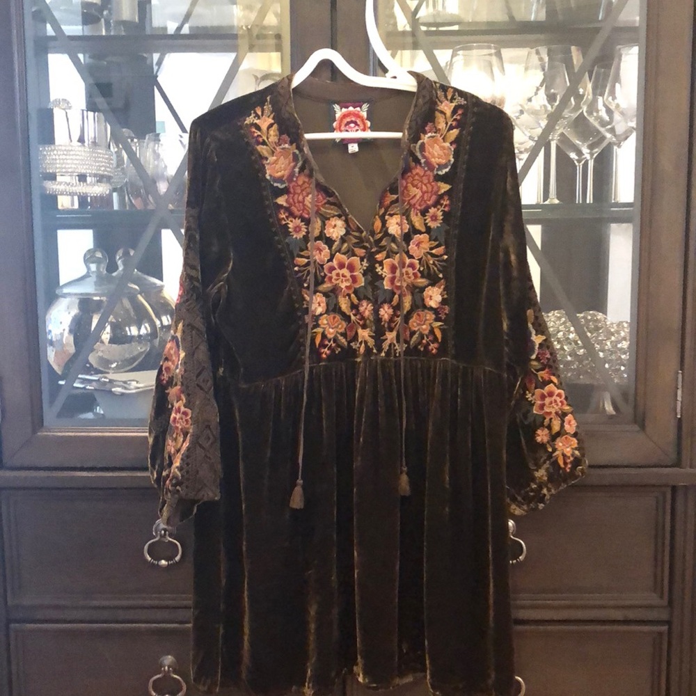 Johnny Was Army Green Velvet Tunic Dress